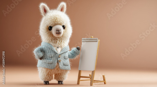 Cute and fluffy cartoon llama wearing sweater stands beside blank easel, ready to create art with cheerful expression