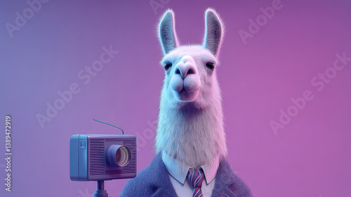 whimsical llama dressed in suit stands next to vintage radio, creating playful and humorous atmosphere