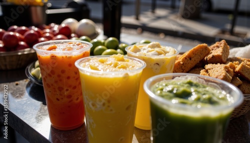Colorful fruit juices displayed in cups against a market background  