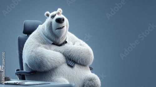 cartoon polar bear sitting in office chair, wearing tie and looking contemplative. background is soft blue, creating calm atmosphere