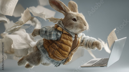 whimsical rabbit in vest is flying through air with laptop, surrounded by flying papers, creating playful and imaginative scene