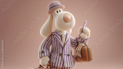 charming animated dog character dressed in stylish striped suit, holding phone and briefcase, exuding friendly demeanor