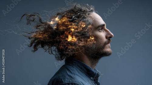 creative portrait of man with curly hair, showcasing imaginative concept of thoughts and ideas represented by glowing elements