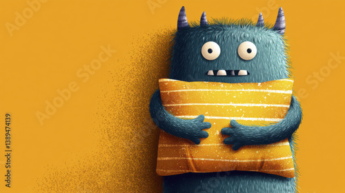cute, fluffy monster character with blue fur and purple horns is holding yellow striped pillow against bright orange background, evoking sense