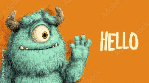 friendly, cartoon monster with one eye and horns waves hello against orange background, evoking playful and cheerful atmosphere