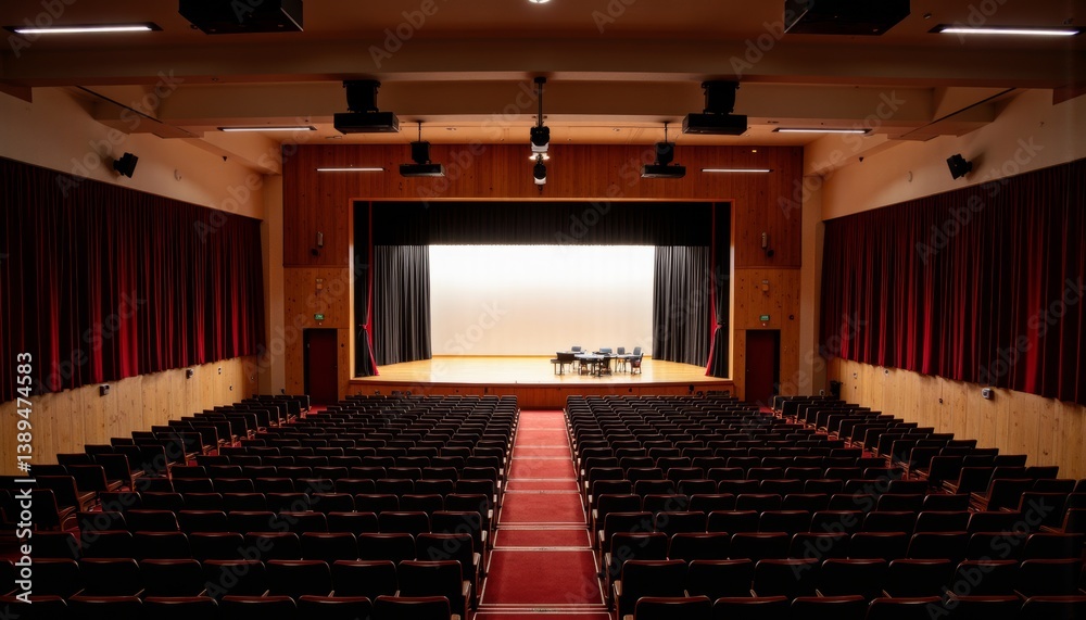 Naklejka premium Empty auditorium with stage and red curtains awaiting performance 