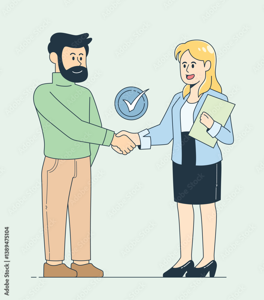 Female office worker shaking hands with a leader. Both characters are smiling confidently, representing successful teamwork, and positive workplace relationships. Ideal for concepts of collaboration.