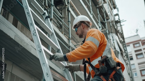 Wallpaper Mural A construction worker securing a ladder at a building site. Featuring safety and coordination Torontodigital.ca