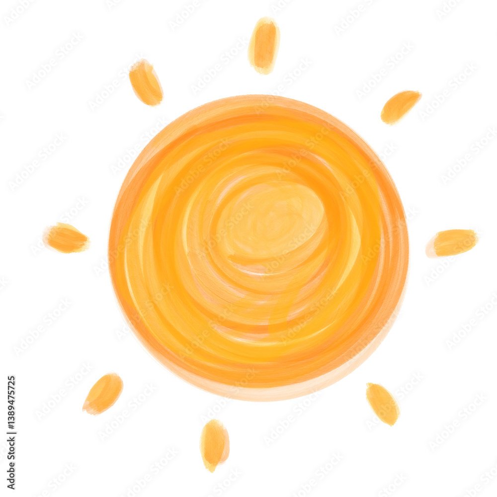 Painted sun illustration in doodle childish style. PNG illustration.