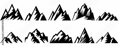 mountain vector pack. Rocky mountains icon or logo collection. Vector illustration. Mountain, rock, hill, peak logos.  Mountain peaks silhouettes. vector set silhouette of mountains and hills.