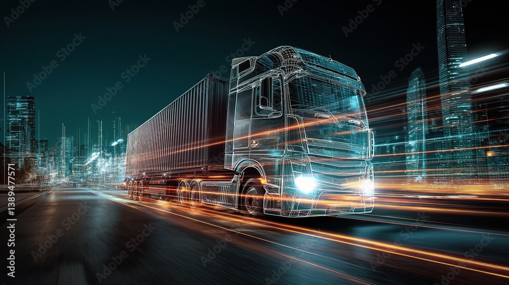 Fototapeta premium Double Exposure of Truck in Motion Through City Lights at Night