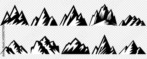 mountain vector pack. Rocky mountains icon or logo collection. Vector illustration. Mountain, rock, hill, peak logos.  Mountain peaks silhouettes. vector set silhouette of mountains and hills.