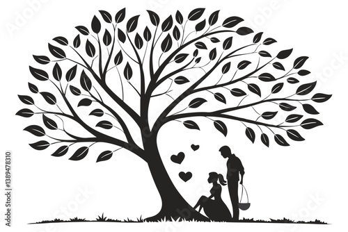 86 Tree silhouette, heart-shaped leaves, love symbol, black and white illustration, minimalist design, abstract art, romantic concept, symmetrical composition, stylized nature, symbolic imagery, growt