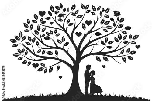 86 Tree silhouette, heart-shaped leaves, love symbol, black and white illustration, minimalist design, abstract art, romantic concept, symmetrical composition, stylized nature, symbolic imagery, growt
