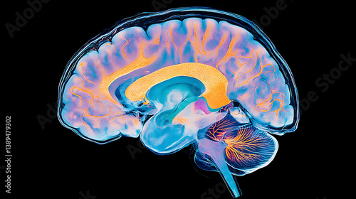 vibrant and detailed illustration of human brain in cross section, showcasing neural pathways and structures in vivid colors, symbolizing mental health, neuroscience, and cognitive function