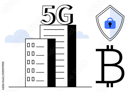 Buildings with 5G text, security shield with lock icon, cryptocurrency Bitcoin symbol, minimalist style. Ideal for technology, security, innovation, connectivity, finance urban development