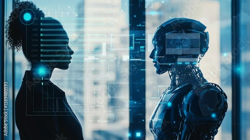 A silhouette of a woman faces a humanoid robot with digital interfaces, set against a blurry cityscape. The image evokes themes of technology, innovation, and the future of human-machine interaction.