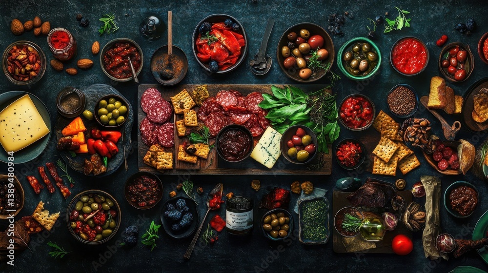 Fototapeta premium Gourmet Food Platter A Delicious Spread of Antipasto Cheese and Crackers