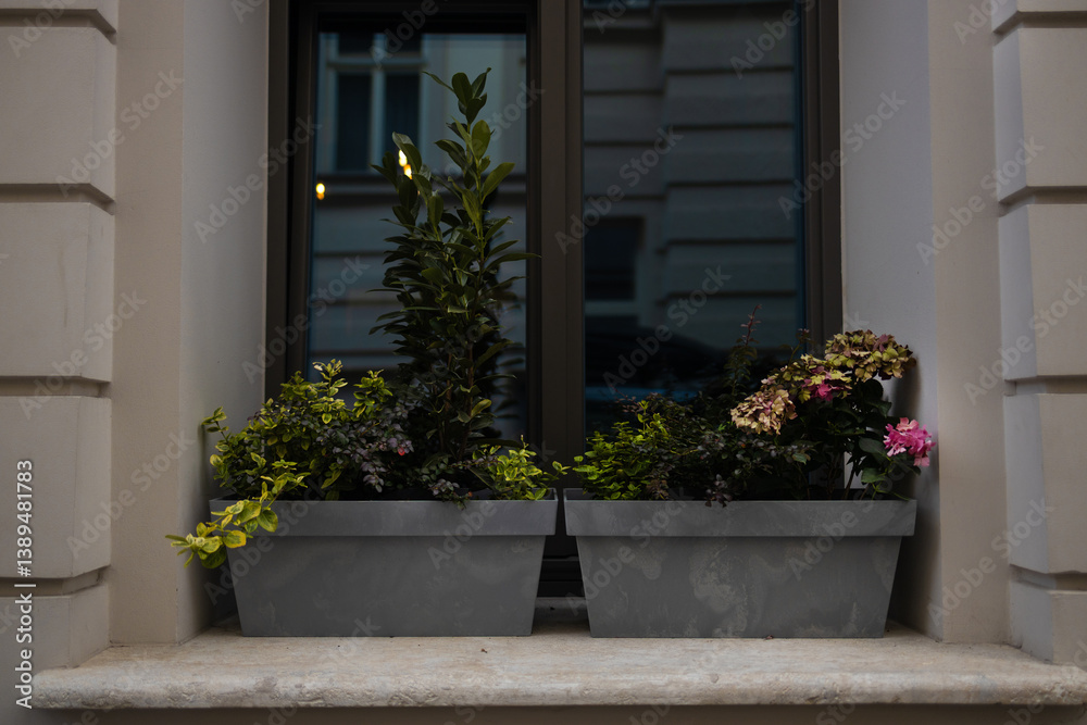 Close-up of a window with two flower boxes placed on the windowsill, featuring various plants and flowers that add a touch of greenery