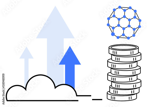 Cloud base with upward arrows signaling growth, stacked coins for finances, and a connected network. Ideal for technology, finance, innovation, blockchain, investment, cloud computing digital growth