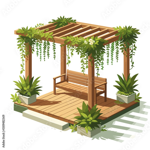 Wooden garden pergola with bench and hanging plants in isometric style. Perfect for landscape design, outdoor living spaces, and garden structure inspiration.