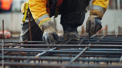 A construction worker securing steel reinforcement at a building site. Featuring precision and strength