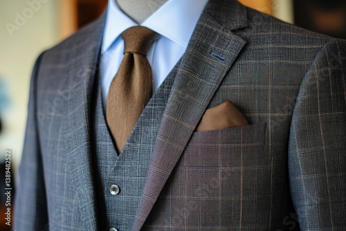 A three-piece suit with a crisp dress shirt, isolated. photo