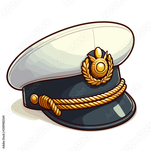 Navy captain's hat with gold emblem and trim in white and black formal style. Ideal for maritime uniforms, naval officer insignia, and professional marine wear illustrations.