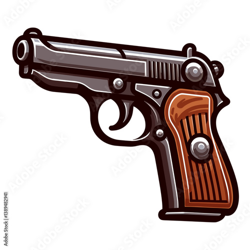 Vector art of handgun or pistol with wooden grip. Ideal for gun safety education, historical weapons collections, and security training materials.