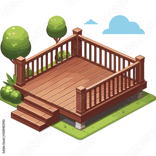 Vector art of wooden deck or patio with railings. Ideal for home improvement websites, outdoor living spaces, and landscape architecture portfolios.