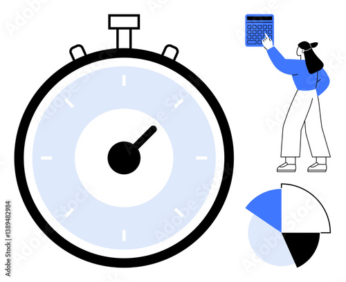 Large stopwatch, person calculating with handheld device, segmented chart. Ideal for time management, productivity, analytics, efficiency, planning organization performance. Flat simple metaphor