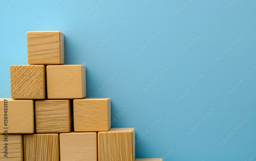Wooden Blocks Pyramid Stacked on Blue Background Minimalist Concept Wooden Blocks Pyramid Stacked on Blue Background Minimalist Concept