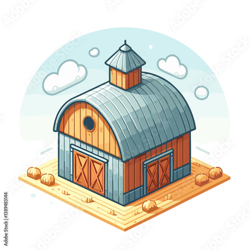 Vector barn or farm building with metal roof in isometric style with blue sky. Ideal for agricultural property, rural architecture and countryside living illustrations.