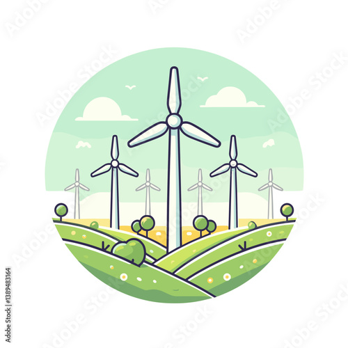 Vector wind turbines in green field with circular frame and blue sky. Perfect for renewable energy concepts, clean power generation and sustainable technology illustrations.