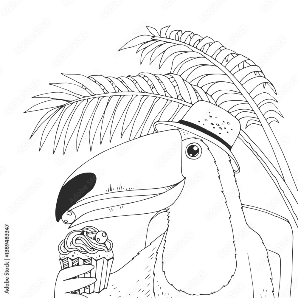 Fototapeta premium Vector hand-drawn illustration of toucan with muffin. Coloring page with wild Brazilian bird.