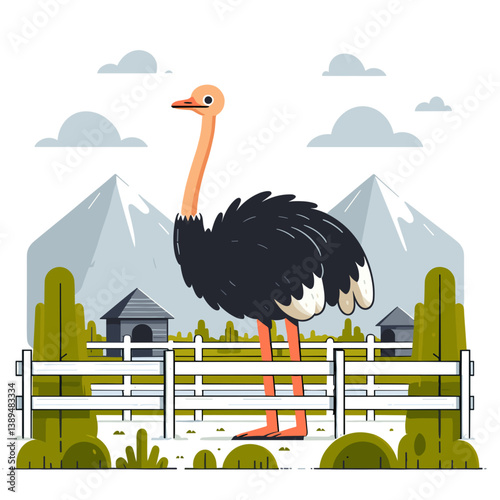 Vector illustration of ostrich bird on farm with landscape backdrop. Perfect for exotic agricultural business or wildlife education materials.
