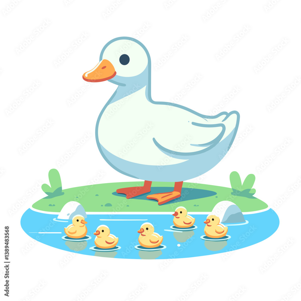 Vector illustration of mother duck with ducklings swimming in pond. Perfect for children's education or wildlife conservation themes.