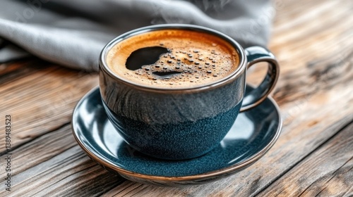 Aromatic Coffee in a Dark Blue Mug on Rustic Wood