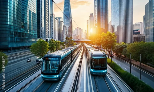 Modern cityscape featuring trams on tracks during sunset amidst towering skyscrapers
