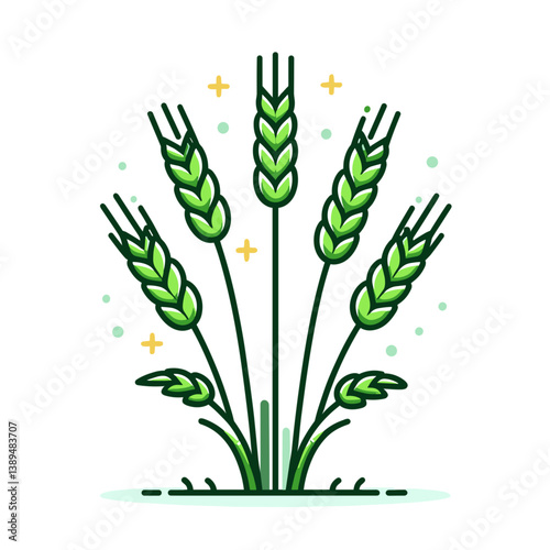 Green wheat stalks with sparkle effects in vertical design on white background. Ideal for agriculture themes, grain production, and organic farming illustrations.