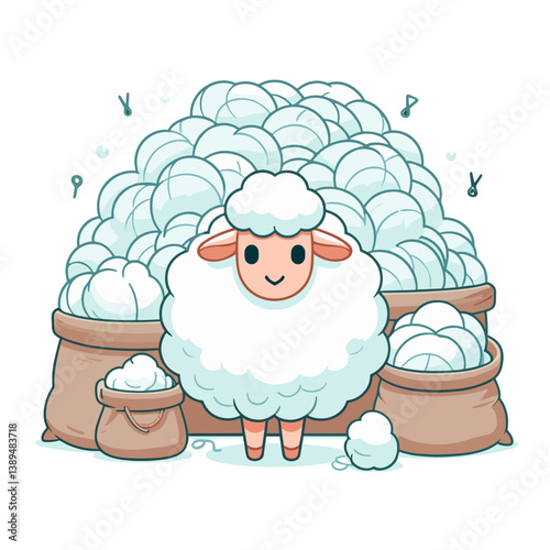 Cute cartoon sheep with wool bags and sacks in white and beige tones. Perfect for textile industry materials, wool production, and farm animal educational content.