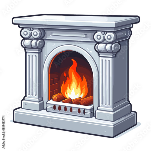 Classical marble fireplace with decorative columns and burning fire in gray and orange tones. Ideal for interior design elements, home decor features, and luxury living spaces.