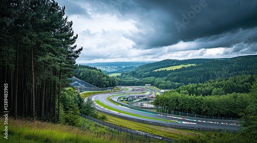Scenic view of a racetrack surrounded by lush green forests photo