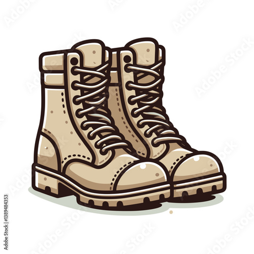 Vector illustration of beige leather combat boots or hiking footwear. Perfect for outdoor equipment stores, military supply catalogs, and adventure gear websites.