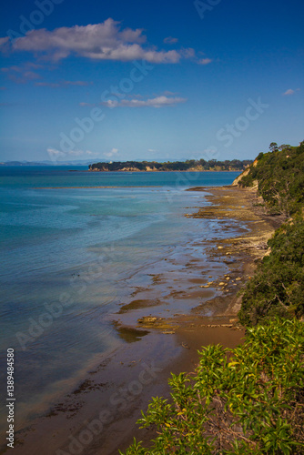 A picturesque coastal view from St Heliers, Auckland, with lush green cliffs descending to a rocky shoreline at low tide, overlooking the sparkling blue waters of the Hauraki Gulf under a sunny sky photo
