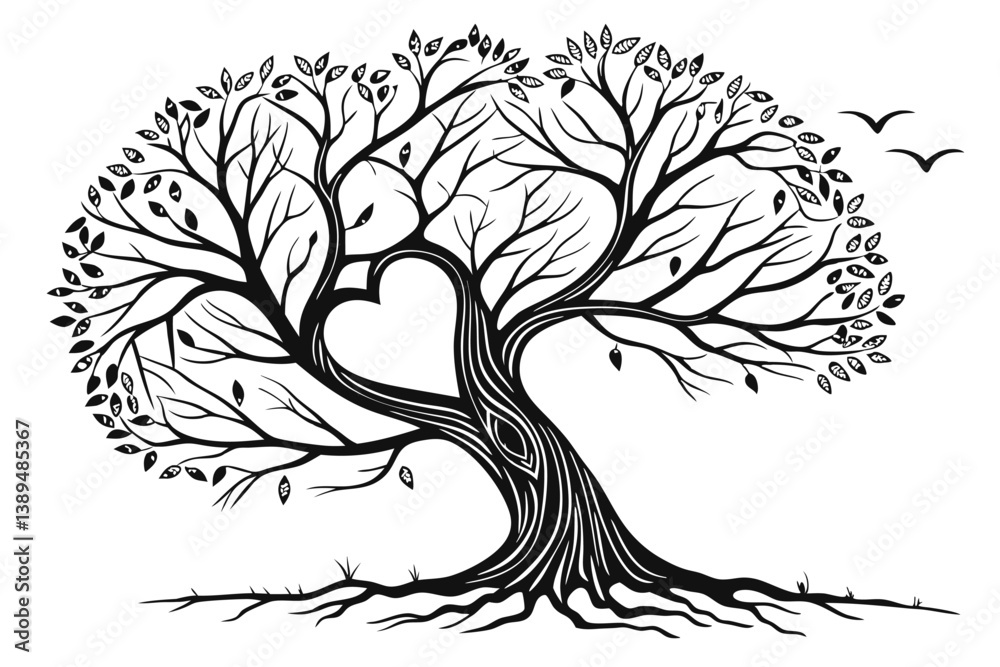 Fototapeta premium 89 Black and white illustration, heart-shaped tree, intricate branches, symmetrical design, roots visible, bare tree, silhouette style, romantic symbolism, nature-inspired artwork, delicate linework, 
