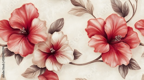 Wallpaper Mural Elegant Red and Beige Hibiscus Flowers Seamless Pattern Torontodigital.ca