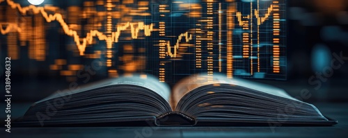 Open book with contemporary vertical digital lights stock chart concept. Open book with stock market charts in background, symbolizing finance.