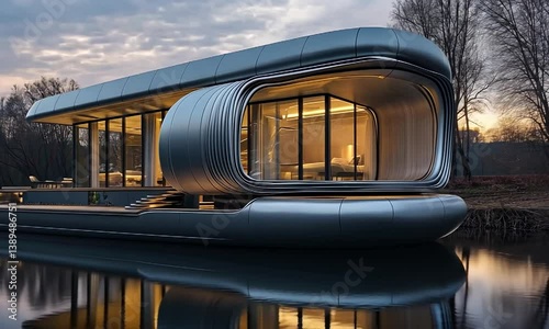 Modern floating house on serene waters at sunset, showcasing sleek architecture and nature