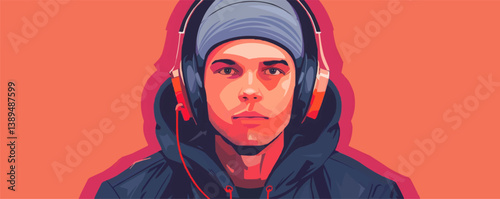 Colorful portrait of young caucasian male with headphones and beanie.